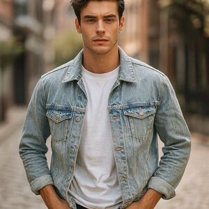 Won‎ Hundred Mens Small 40 Denim Jacket Light Wash Distressed Trucker Seventeen